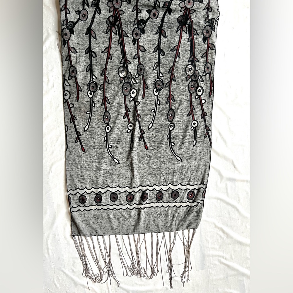 Floral Gray Scarf Fringe reversible silky flowy Black silver Sparkly lightweight